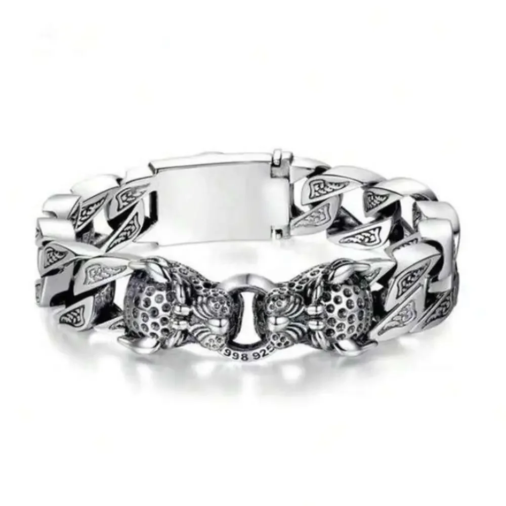 Stainless Steel Leopard Viking Bracelet, Double Headed, Norse, Horsetail…